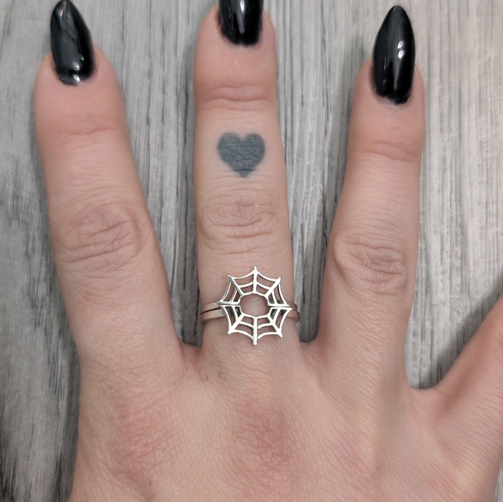 Inchoo Bijou Solid Silver Spider Web Ring Set Size 9 Gothic Witchy Handmade